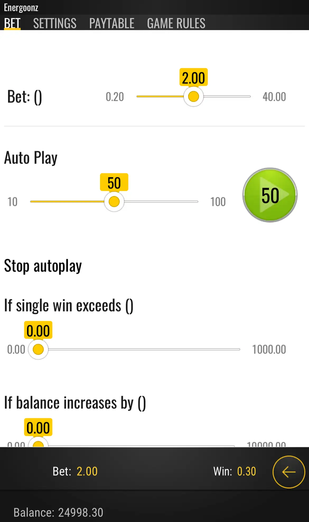 Overview of Bet tab in Energoonz game